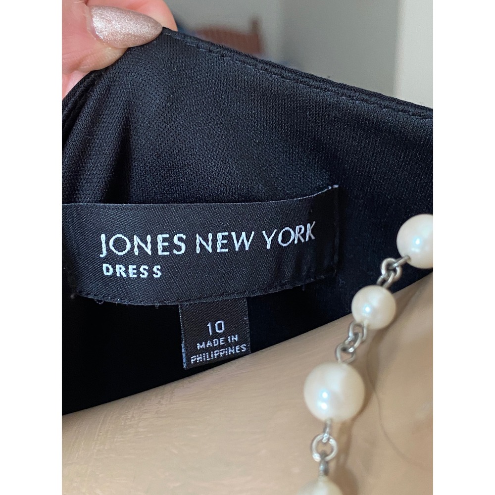 Jones New York Black V-Neck Empire Waist Midi Dress Size 10 Cap Sleeve Jersey - Picture 8 of 11